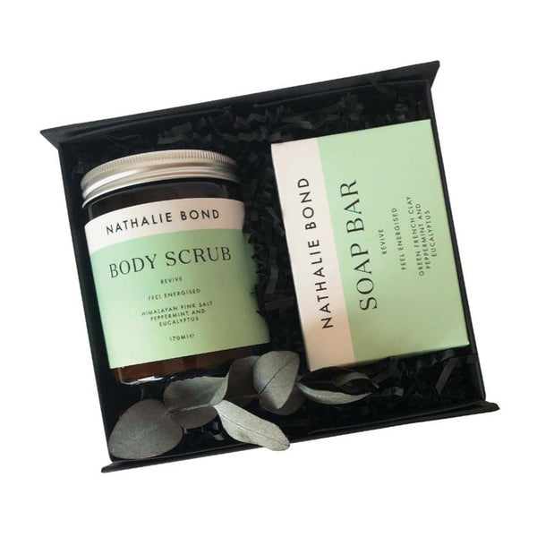 Body scrub and soap bar in a gift box