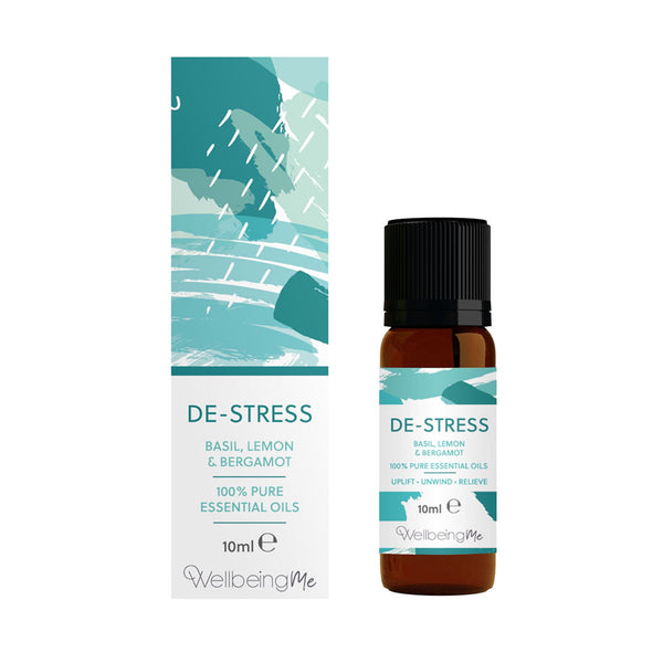 An amber bottle containing essential oils to help you de-stress