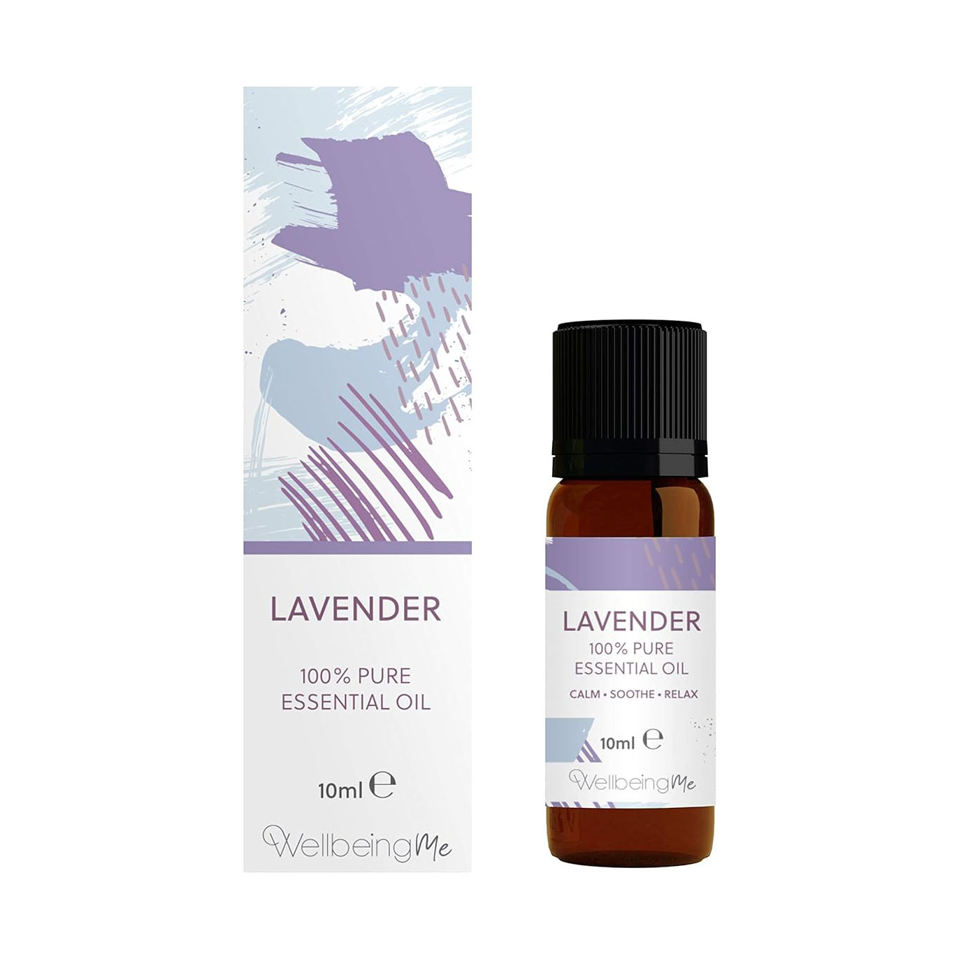 An amber glass bottle of Lavender essential oil, and the gift box it arrives in