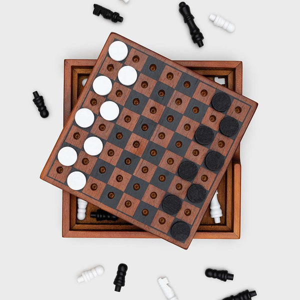 A chess and checkers game with black and white playing pieces