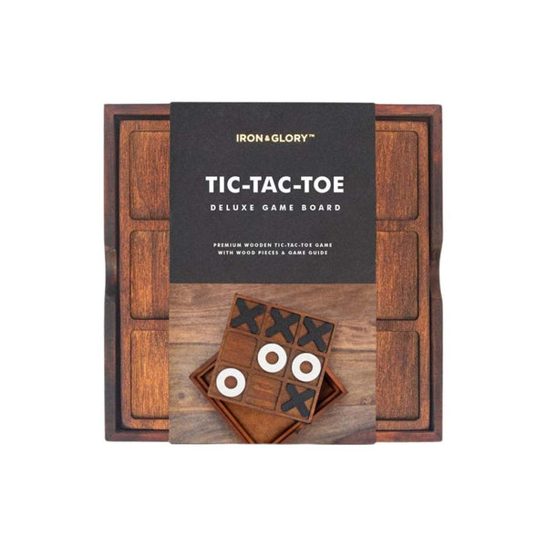 A wooden noughts and crosses set in its packaging
