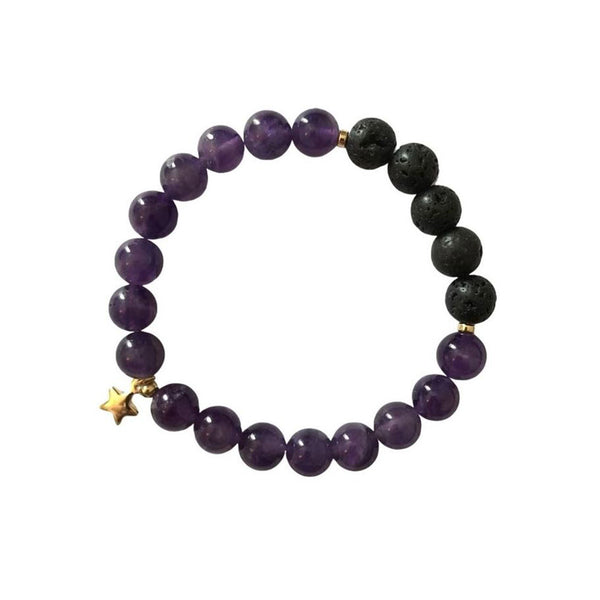 A puple amethyst stone, lava bead and gold star charm bracelet