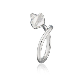 A silver cat ring showing a cats head and tail 