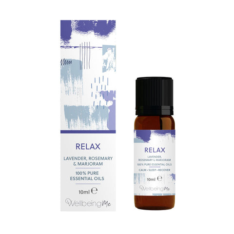 An amber essential oil bottle with a purple relax label