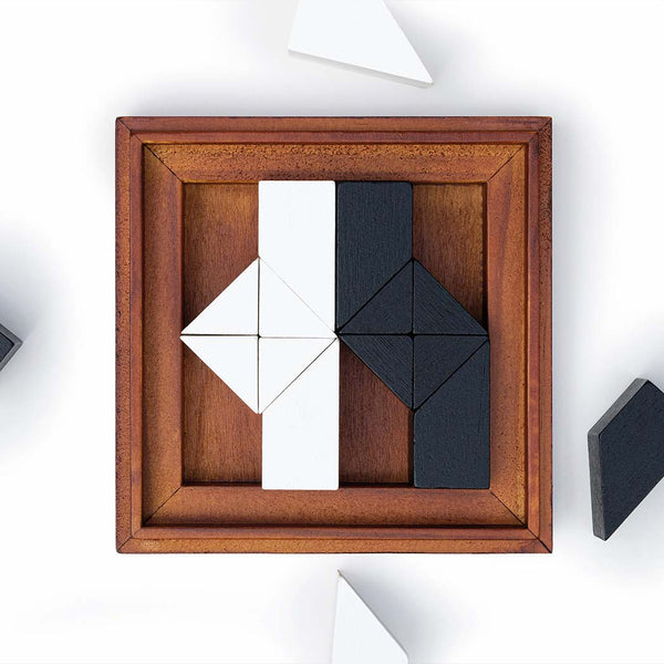 A Shapeshifter puzzle with playing pieces inside and outside the box