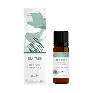 An amber glass bottle of Tea Tree essential oil, and the gift box it arrives in