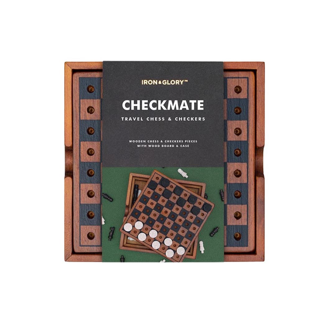 A wooden chess and checkers set in black and green packaging