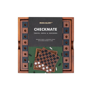 A wooden chess and checkers set in black and green packaging